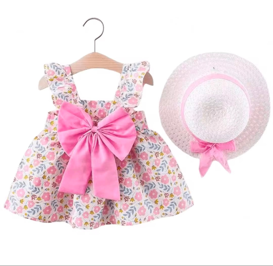 Baby Pink Bow Floral Dress Set