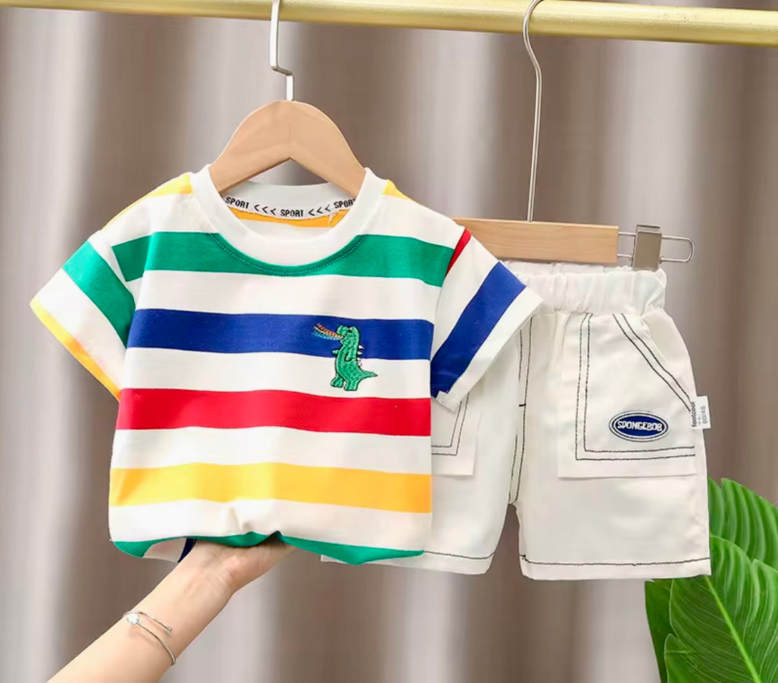 Colorful Stripes Dino Shirt Set