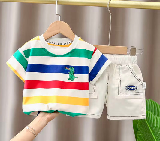 Colorful Stripes Dino Shirt Set