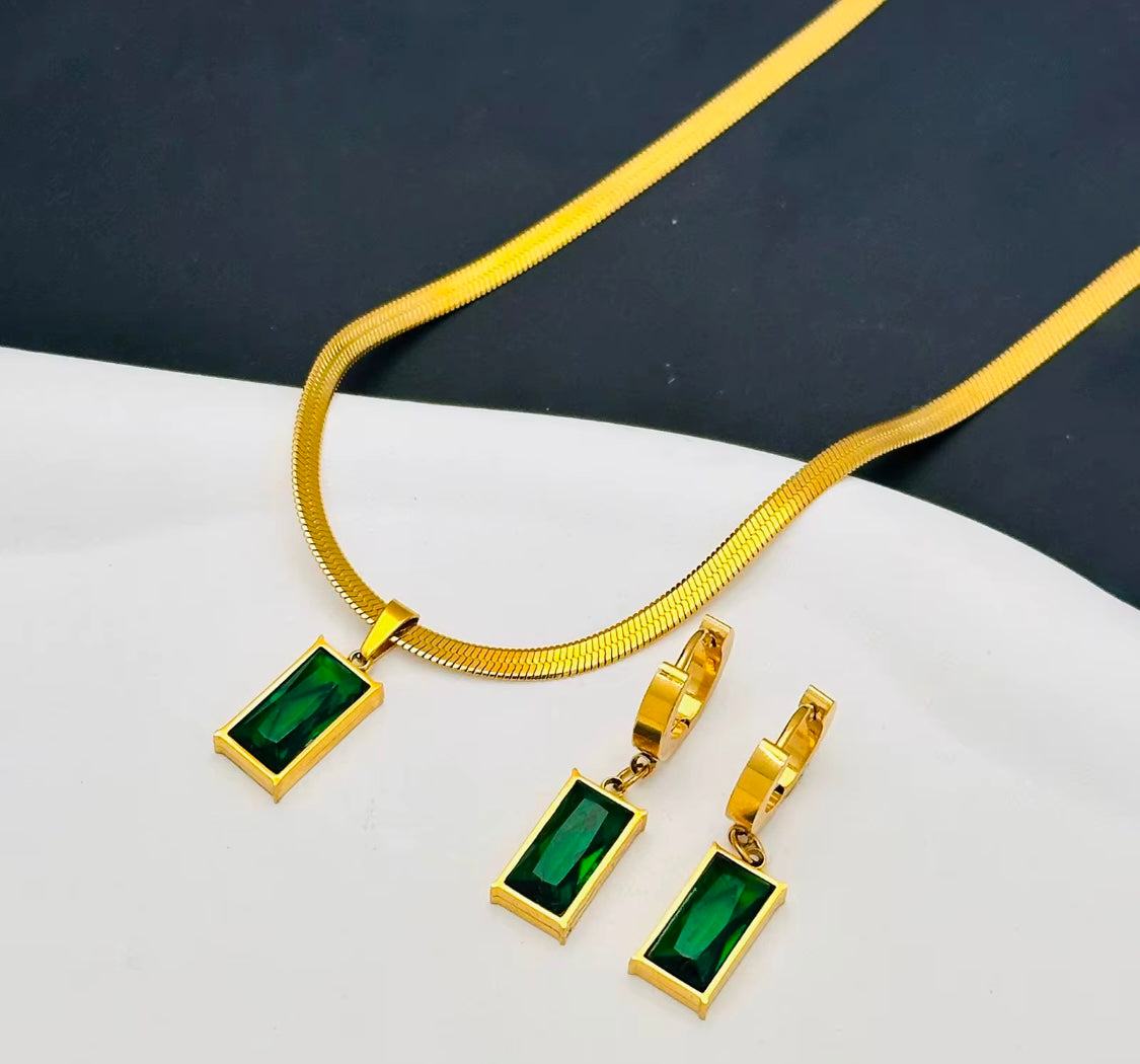 Allure Green Crystal And Gold Necklace and Earrings Set