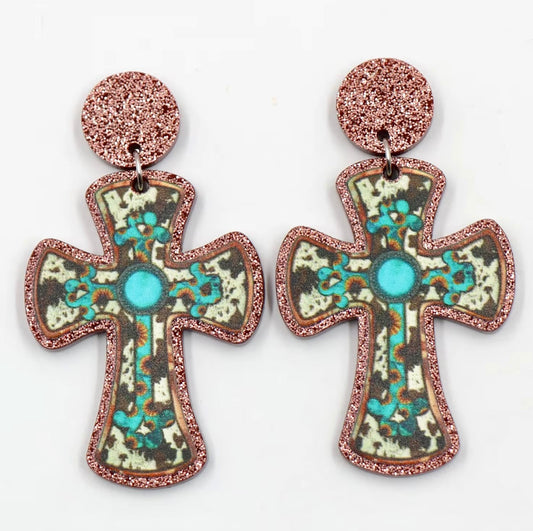 Acrylic Cross Teal Western Earings