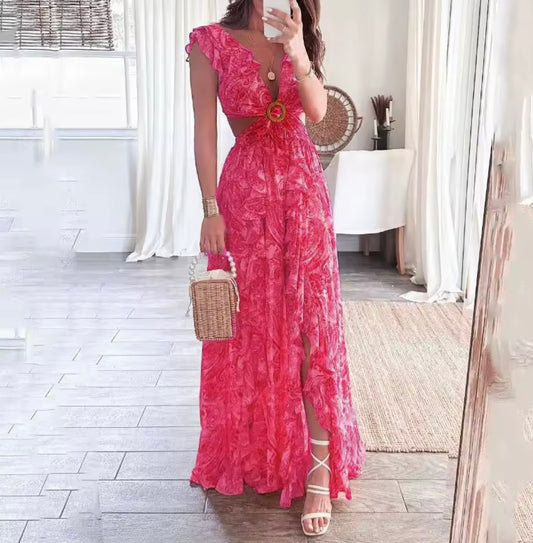 Flutter Sleeve Pink Printed Maxi Dress