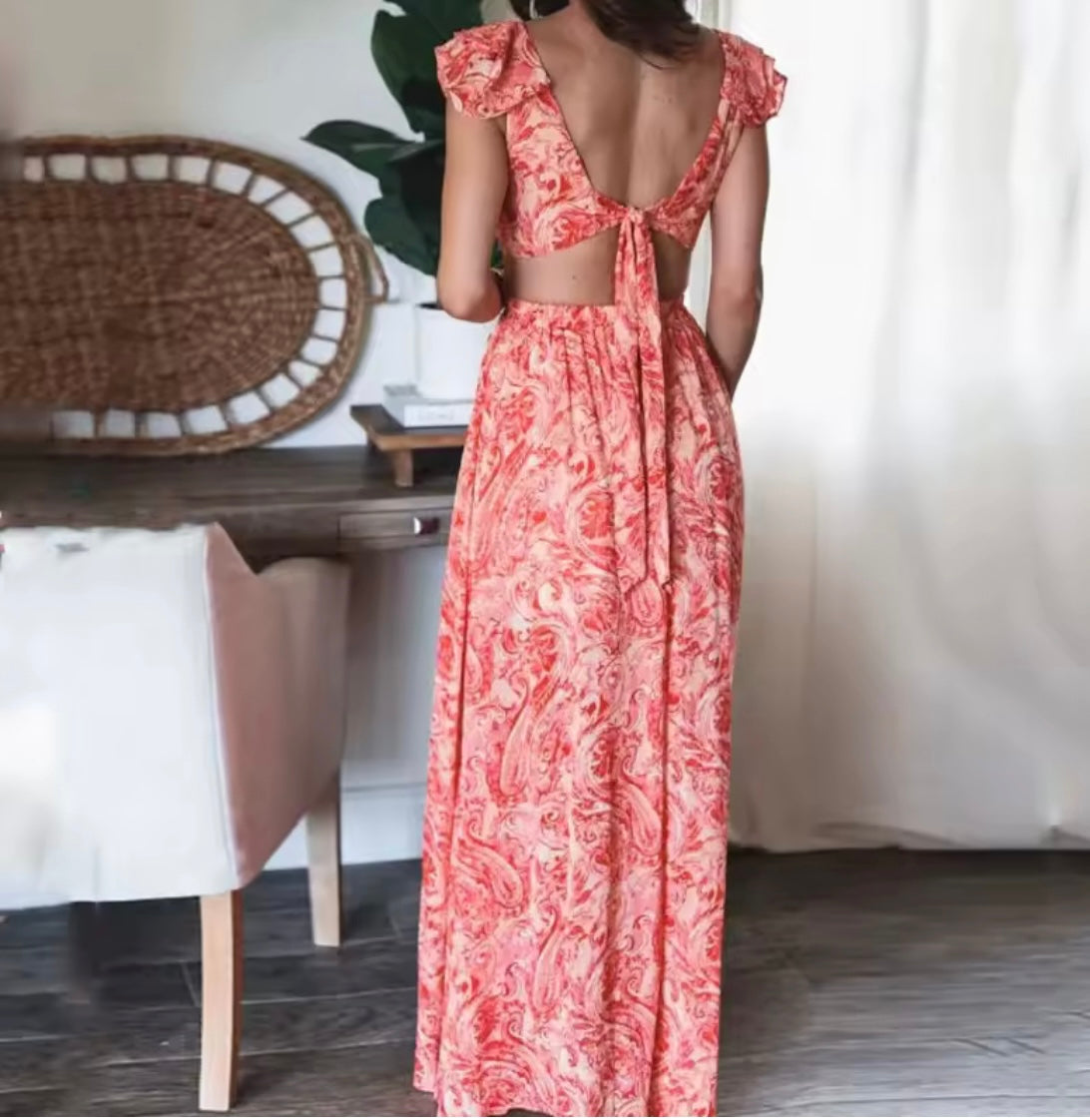 Flutter Sleeve Pink Printed Maxi Dress